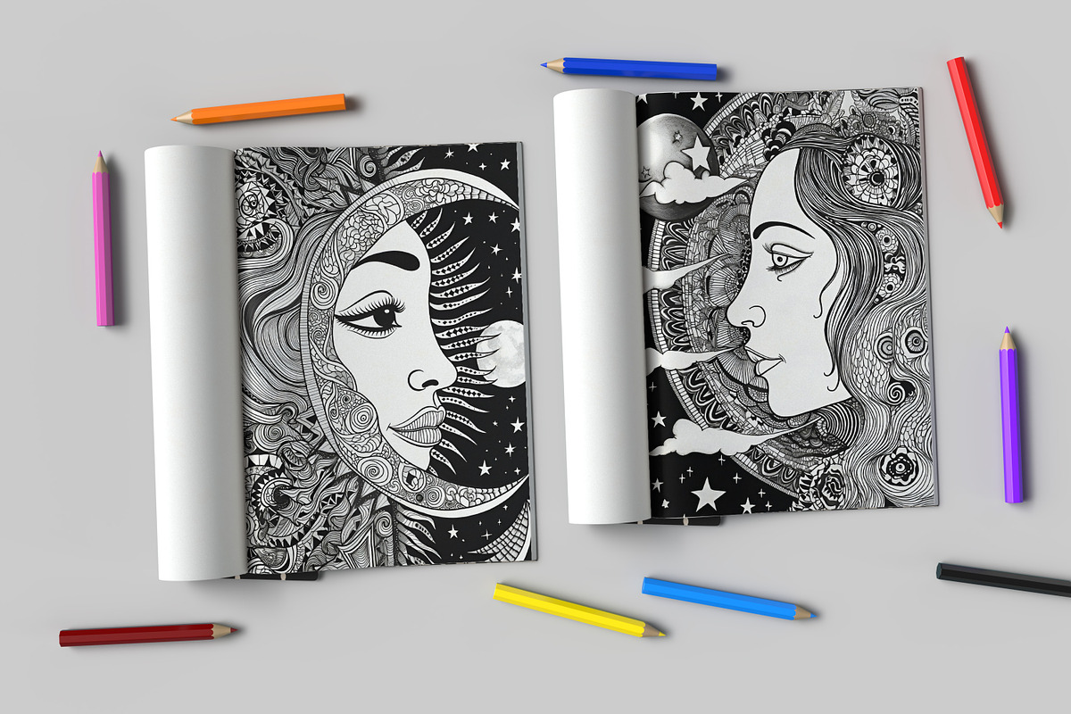 Coloring Page Psychedelic Sun & Moon, a Decorative Illustration by MuzaArtStudio (Photo 2 of 4)