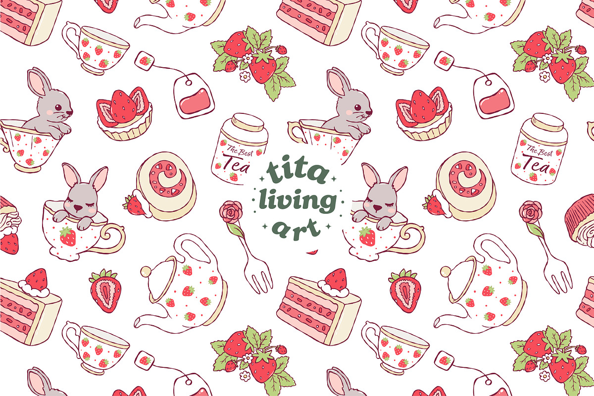 Strawberry Tea Time Seamless Pattern, a Food Illustration by TitaLivingArt (Photo 2 of 10)