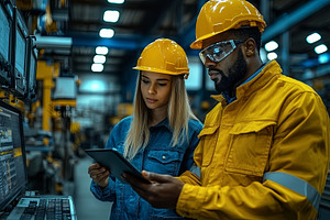 Industrial engineers collaborating on a manufacturing project in a factory sett, a Photo by AS photostudio