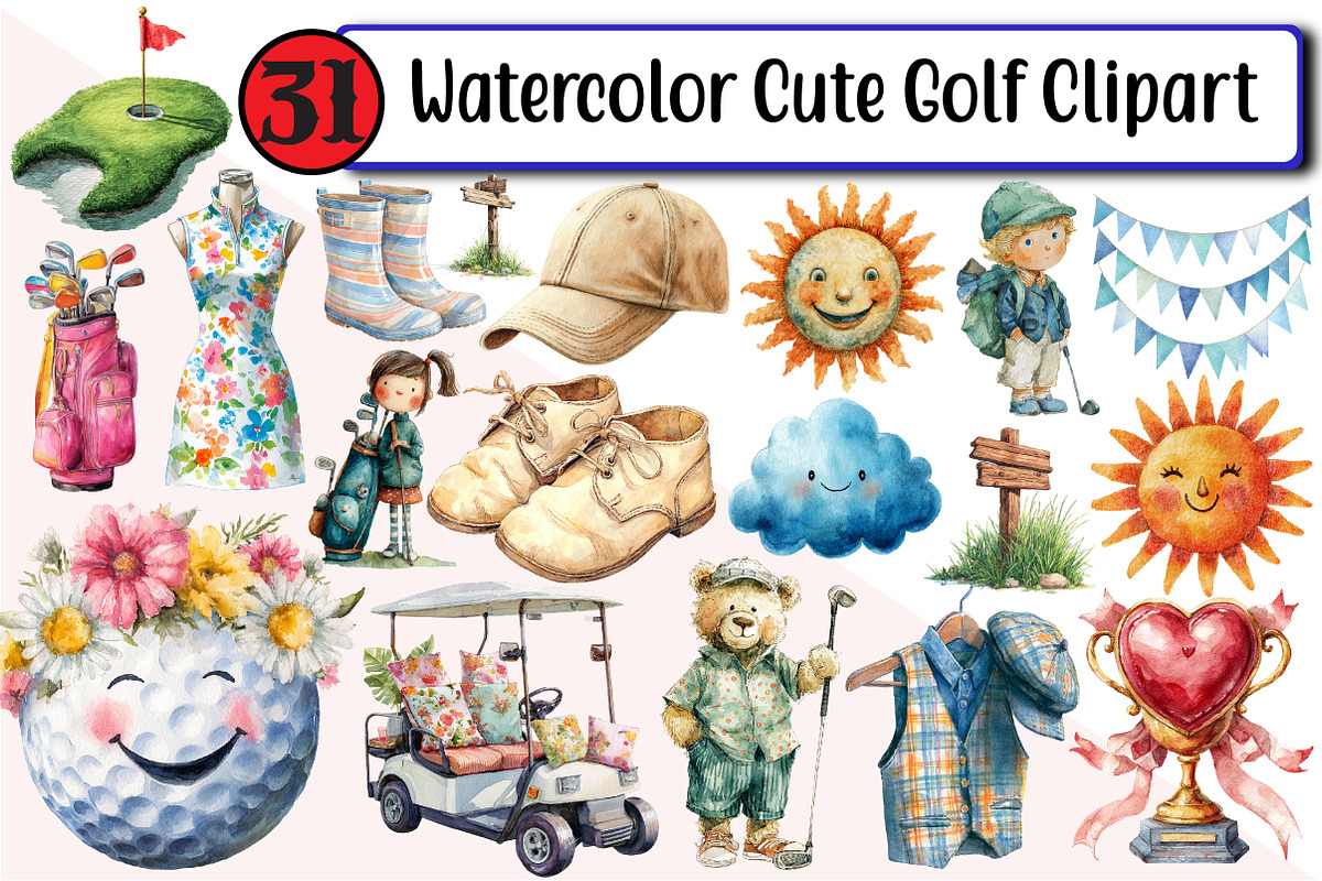Watercolor Cute Golf Clipart, an Illustration by Design Market (Photo 1 of 3)