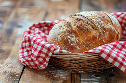 Freshly baked bread with red napkin on wooden table, a Food & Drink Photo by AlyaAnd