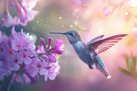 Hummingbird hanging in the air near the flower on blurred background, an Animal Photo by AlyaAnd