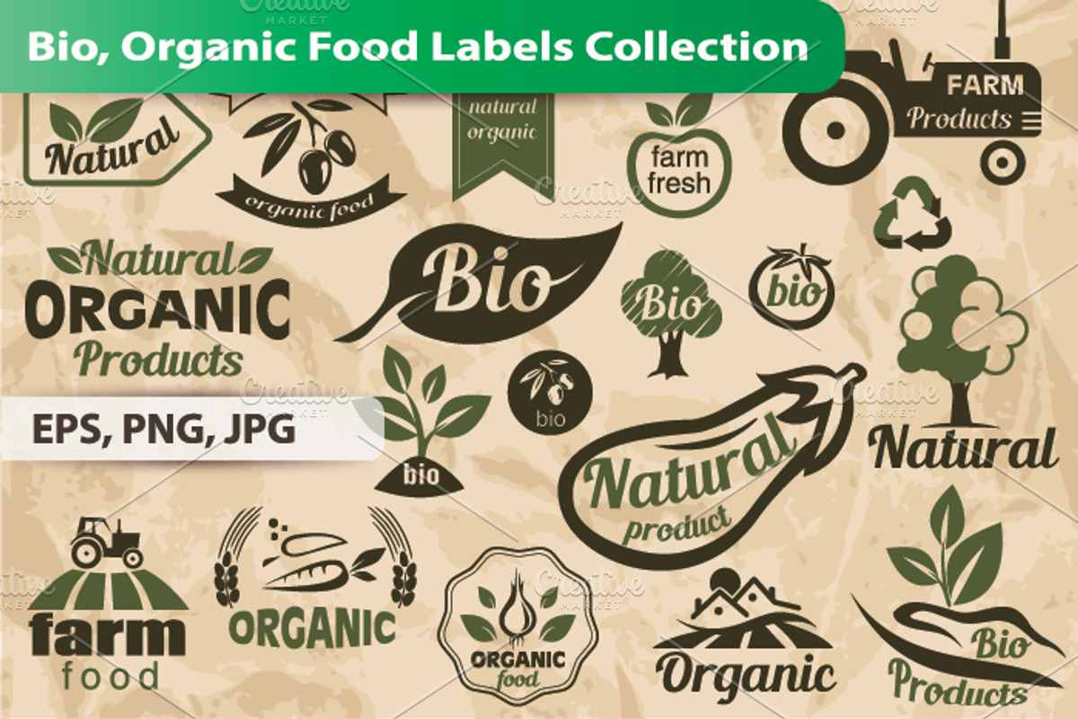Bio, Organic Food Labels and Emblems, a Food Illustration by Janna Millionnaya