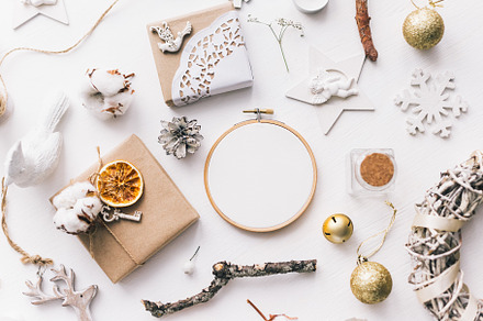 Flat lay top view christmas photo with an embroidery hoop and cute decoration, a Holiday Photo by Sentimental postman