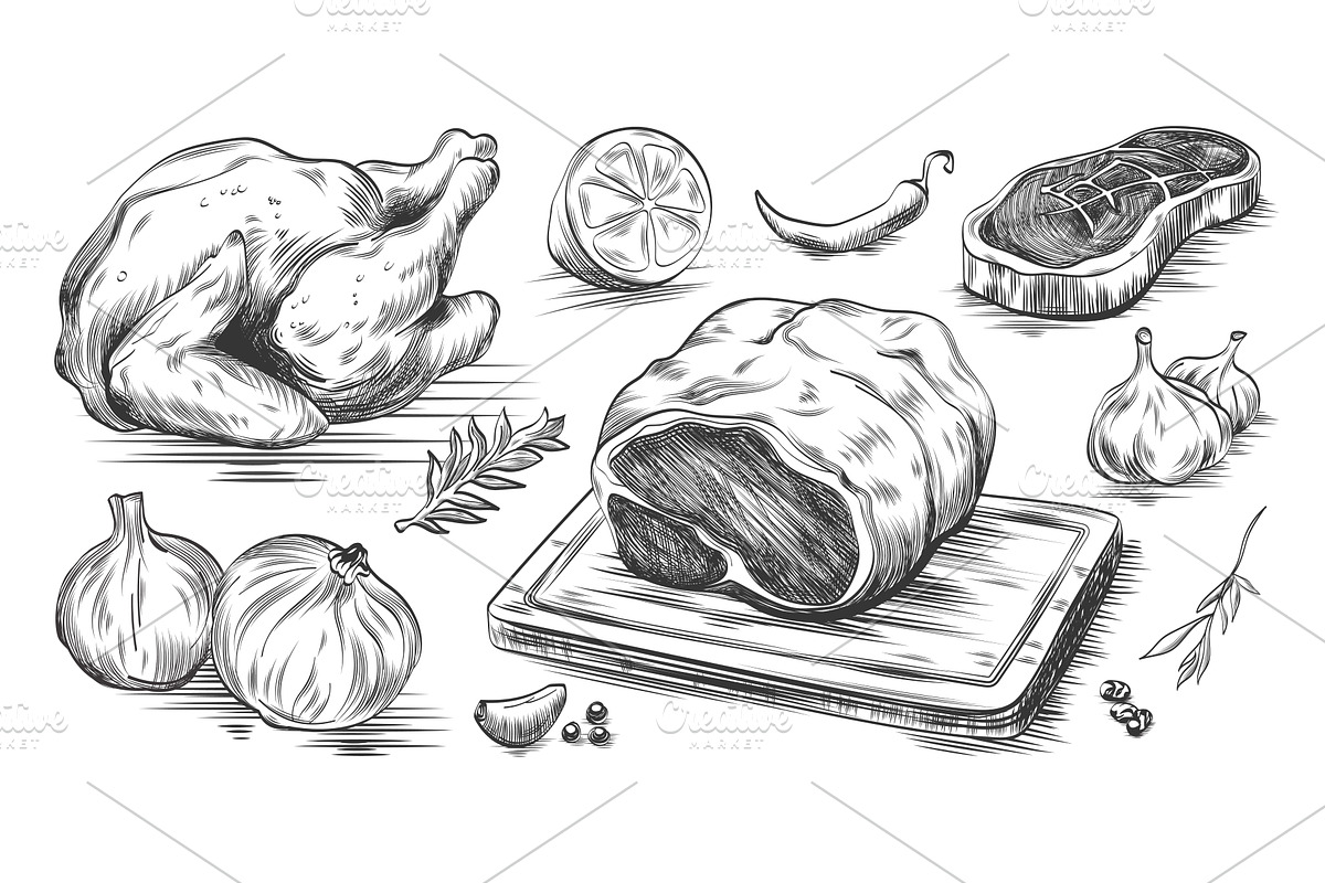 Hand drawn sketch of raw meat piece, a Food Illustration by art PVP - market