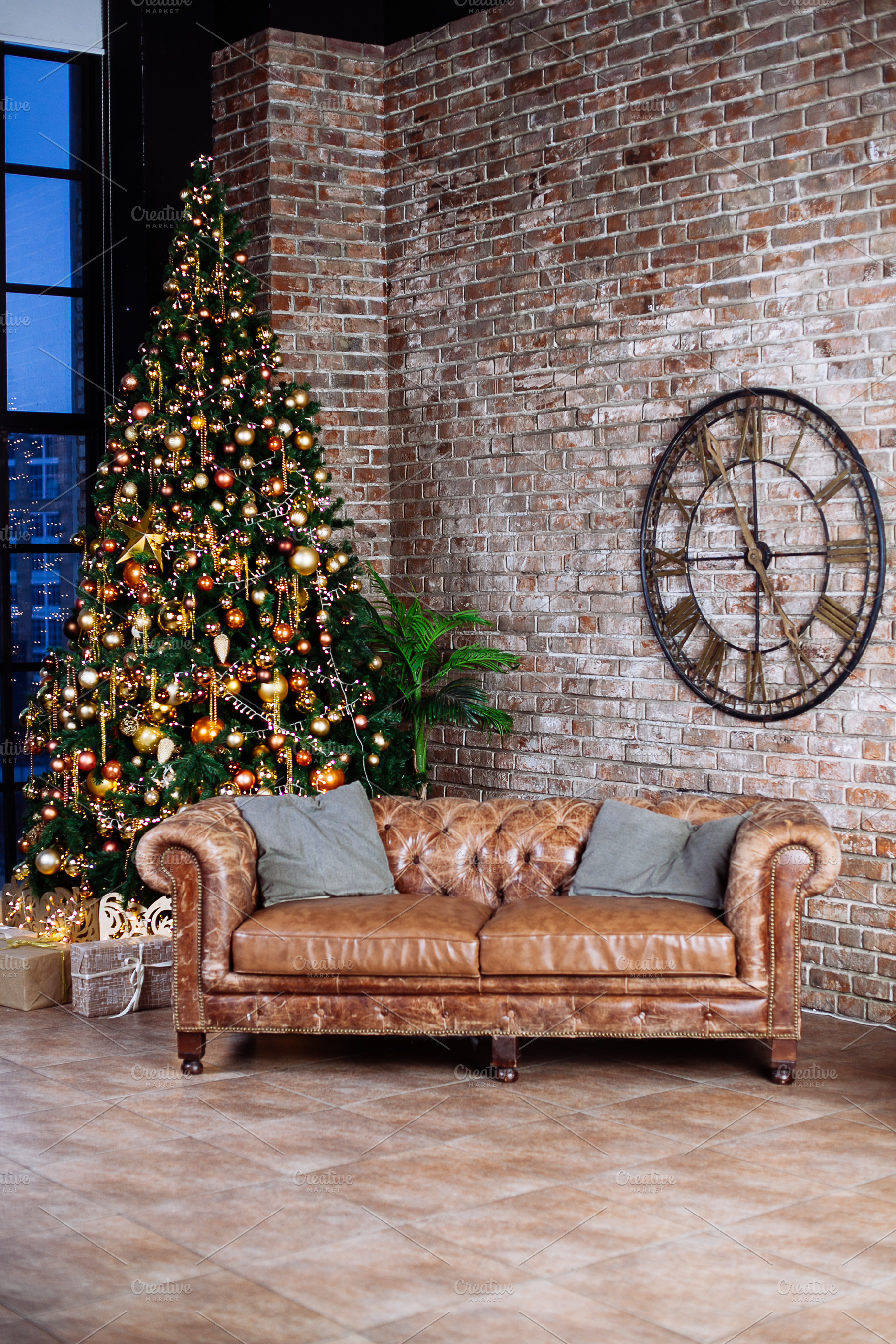 Interior with couch and decorated ch stock photo containing ball and bauble, a Holiday Photo by telnyaw