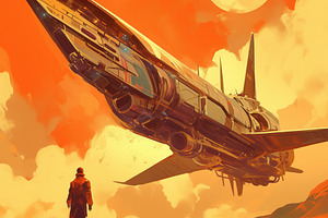A futuristic spaceship hovers above a rocky landscape under a vibrant orange sk, an Arts & Entertainment Photo by Textures & Backgrounds