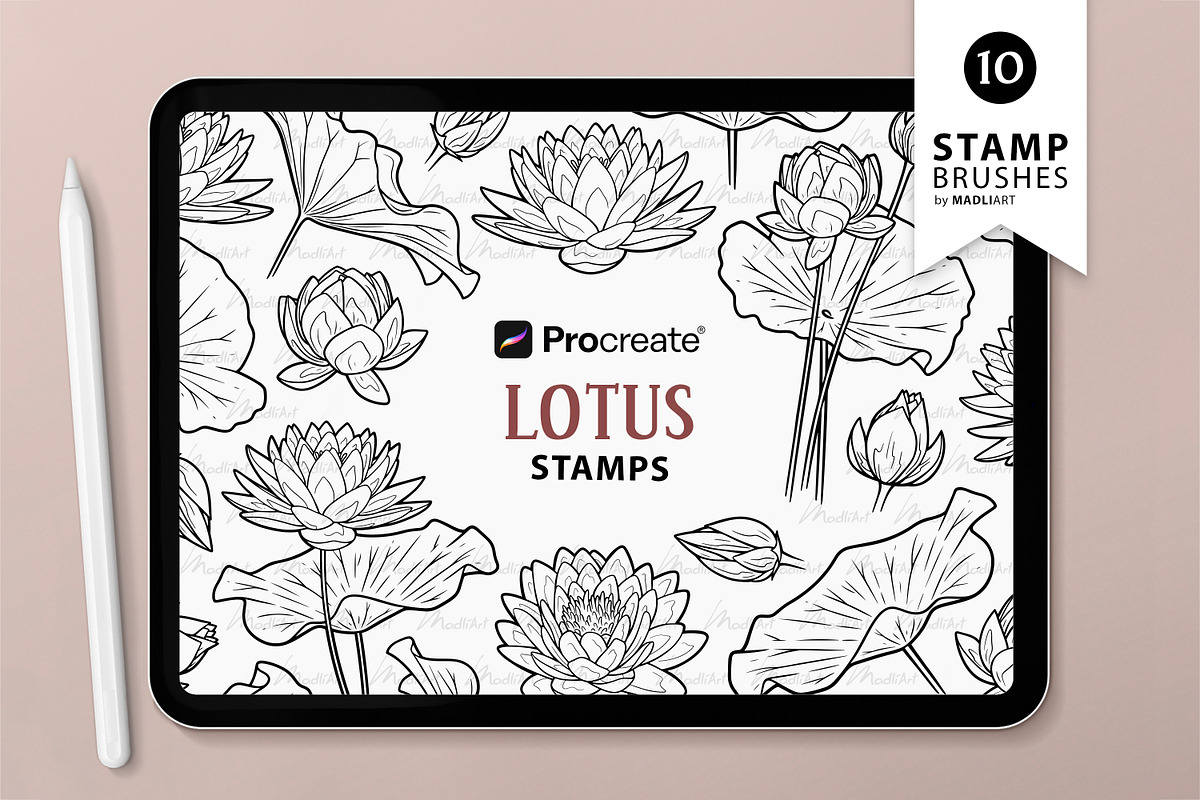 Lotus Flower Procreate Brush Stamps, a Brush Add-On by MadliArt (Photo 1 of 5)
