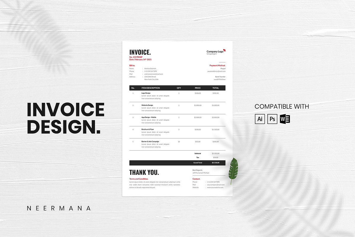 Invoice - Professional Clean Design, a Stationery Template by Neermana