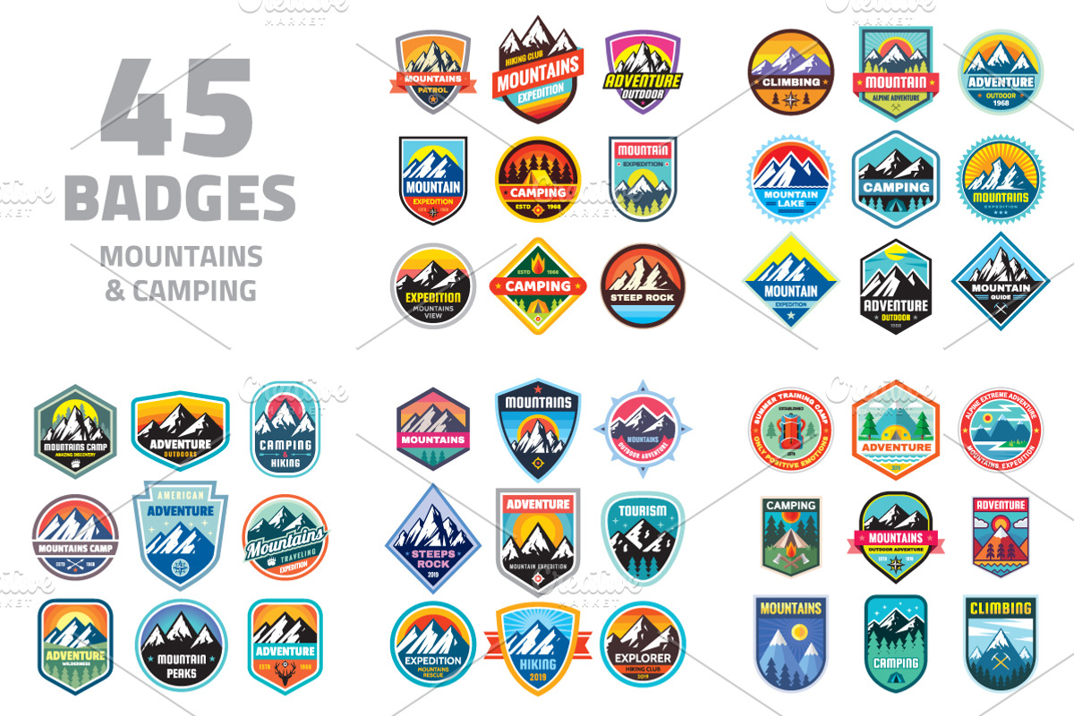 45 Badges & Logos Mountains Camping, a Branding & Logo Template by serkorkin (Photo 1 of 6)