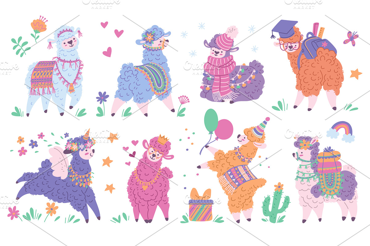 Set of colorful cute llamas, alpacas, an Animal Illustration by Sabelskaya