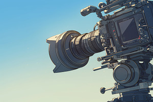 Professional video recording camera setup on a tripod in a studio setting, an Illustration by AS photostudio