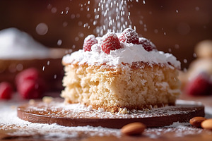 A delicious slice of vanilla cake topped with powdered sugar and, a Food & Drink Photo by ImageMir