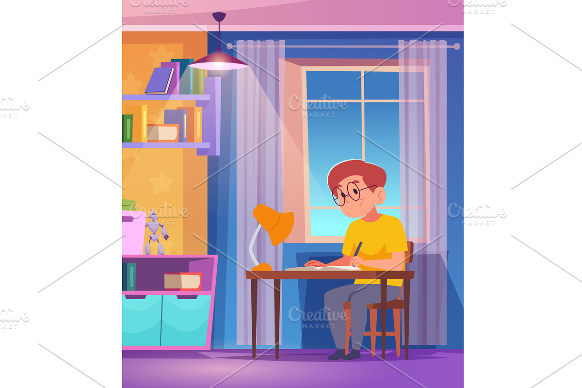 Student homework. boy sitting at, a Person Illustration by Onyx