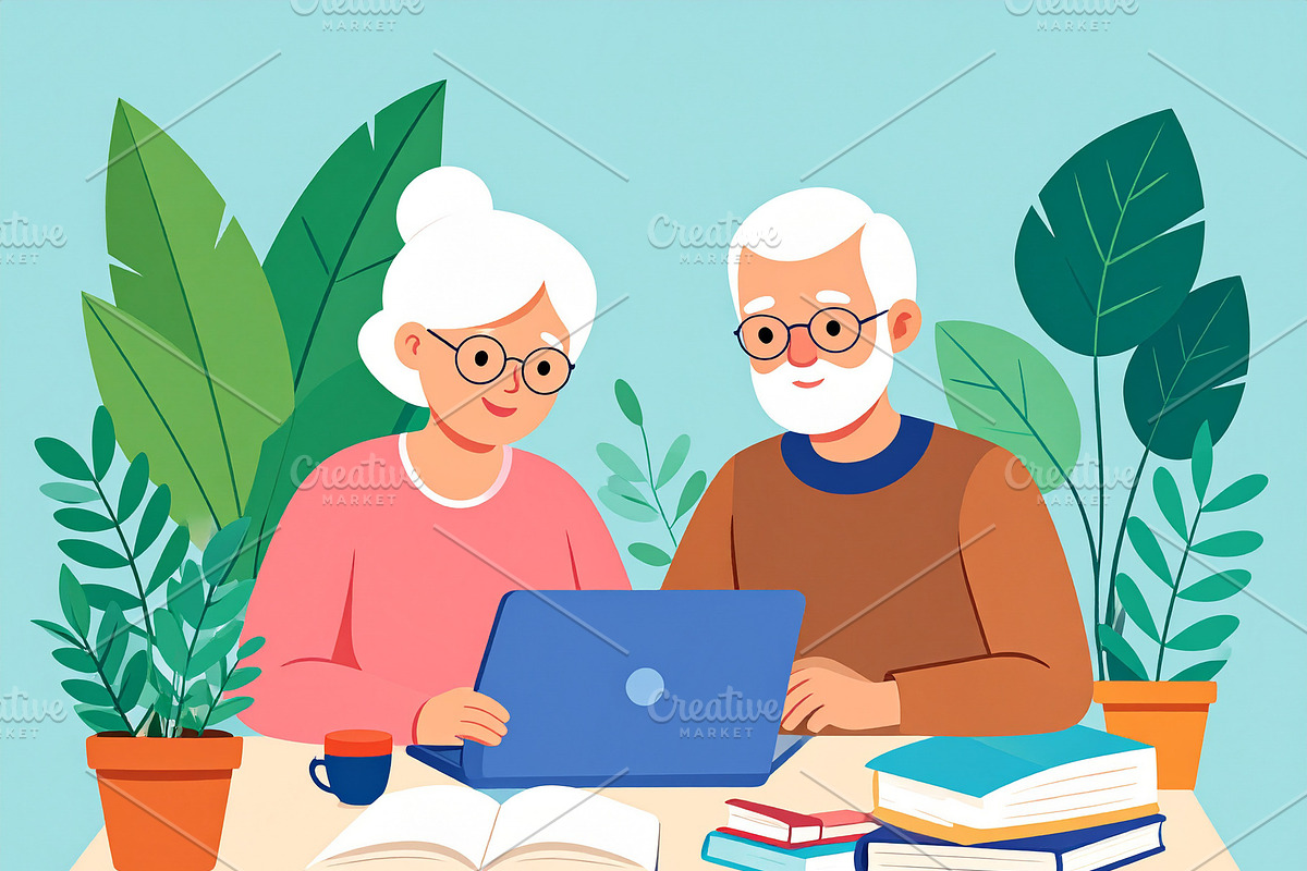 Elderly couple with books studying together in a library, an Education Illustration by DanFLCreativo