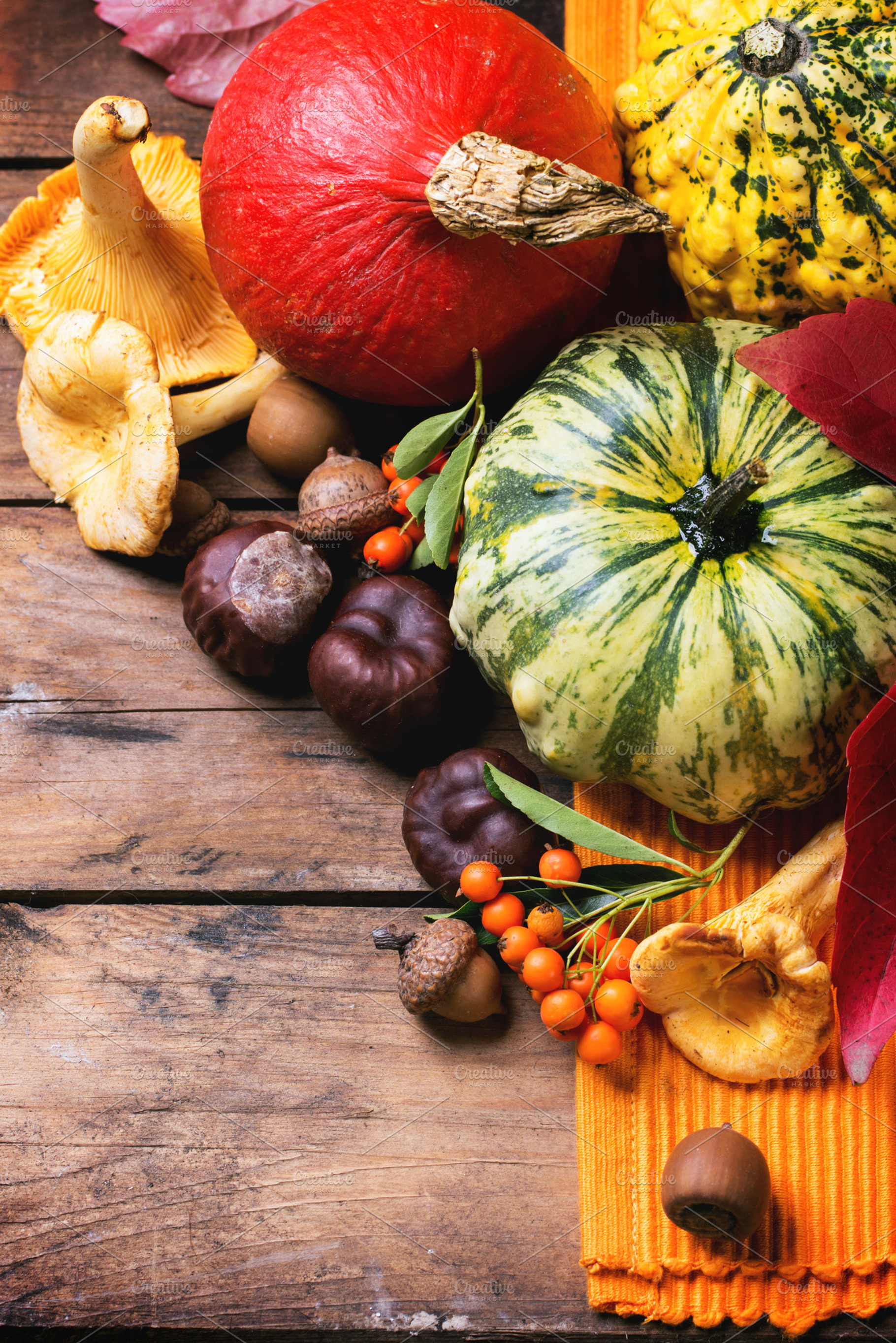 Pumpkins Nuts And Mushrooms Stock Photo Containing Pumpkin And Wooden