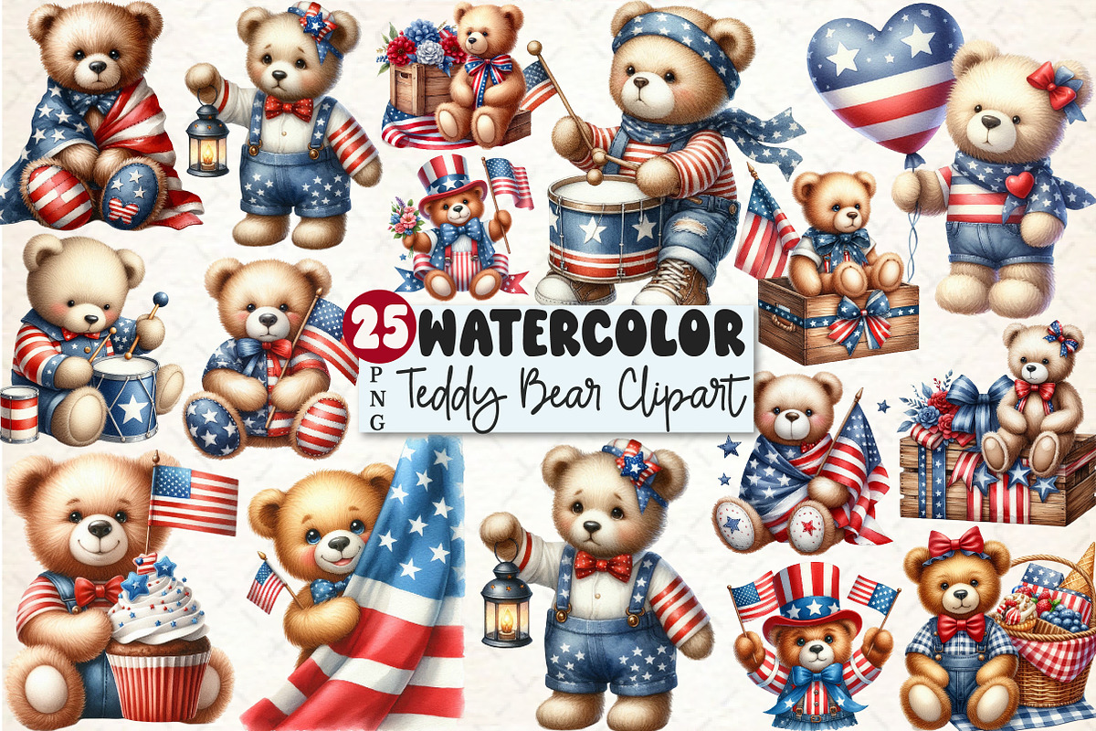 4th of July Teddy Bear Clipart, a Seasonal Illustration by Rose Art (Photo 1 of 4)