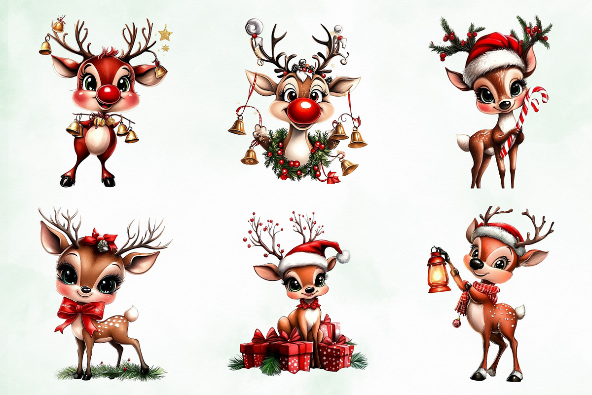 Whimsical Christmas Reindeer Clipart, an Illustration by Creative Art (Photo 6 of 11)