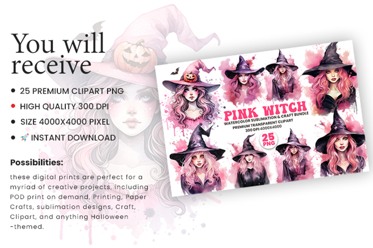 Watercolor Halloween Witch Clipart, a Seasonal Illustration by Creative Arslan (Photo 5 of 10)