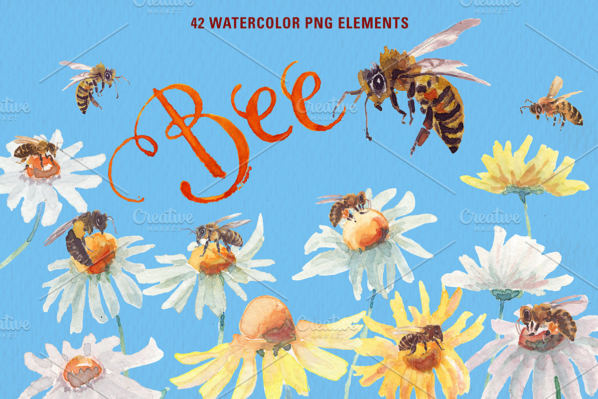 Watercolor happy bee clipart set, an Illustration by Art & Things (Photo 3 of 6)