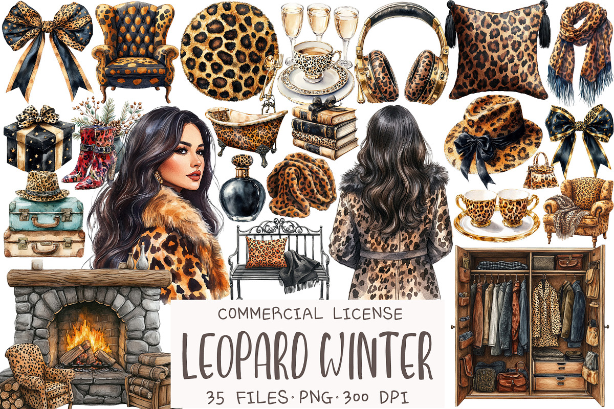 Watercolor Leopard Winter Clipart, an Illustration by OK Design (Photo 1 of 5)