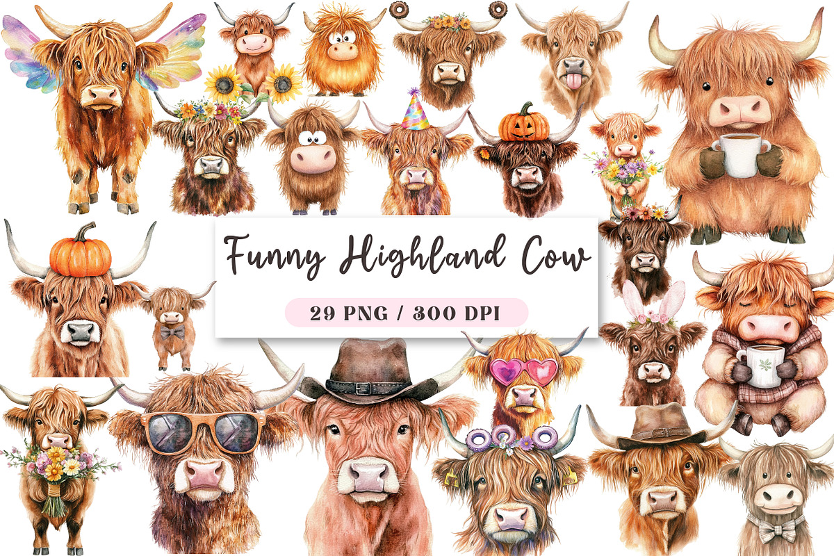 Funny Highland Cow Clipart Bundle, an Illustration by DreamArtGraphic (Photo 1 of 4)