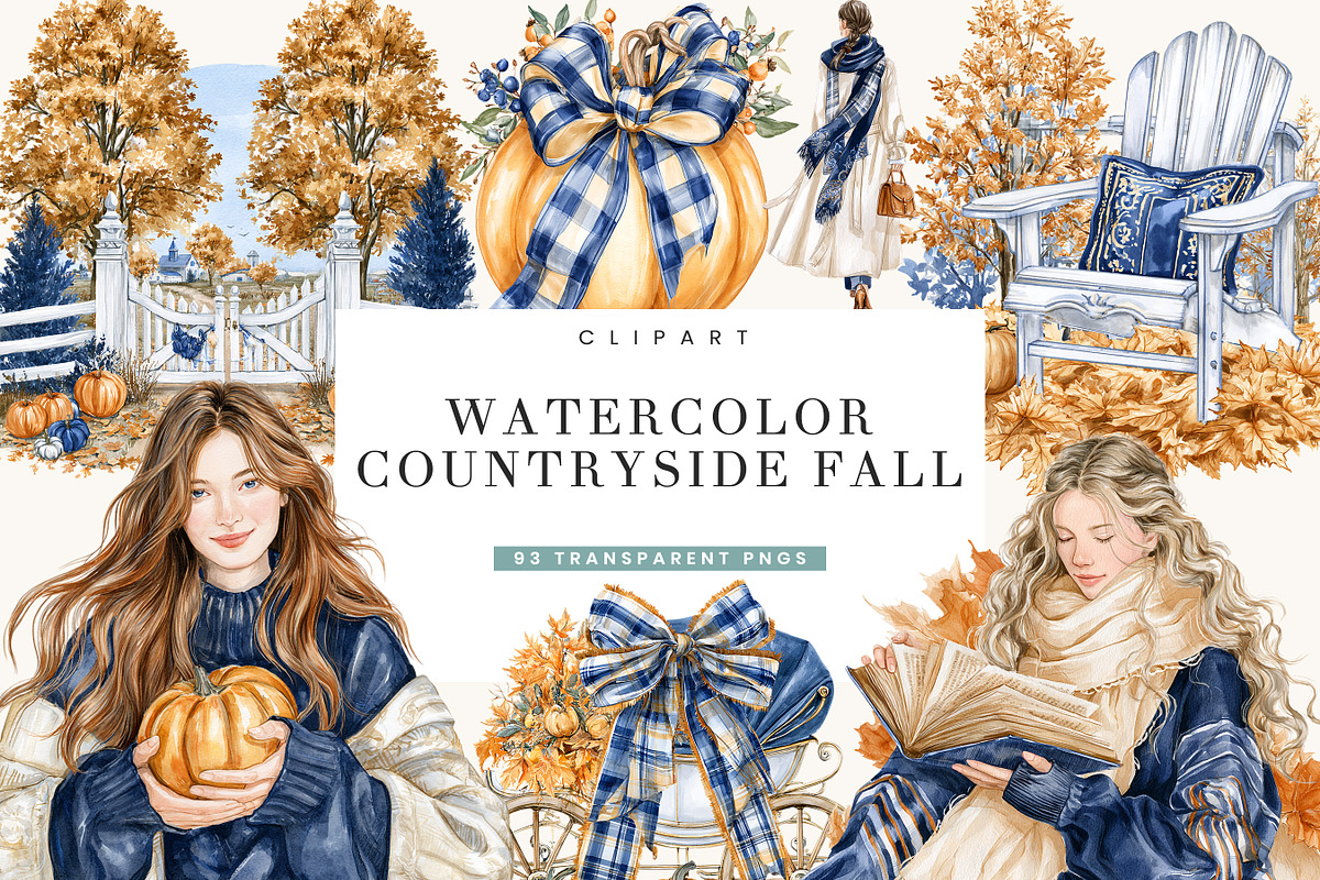 Watercolor Countryside Fall Clipart, a Seasonal Illustration by BusyDaydesign (Photo 1 of 9)