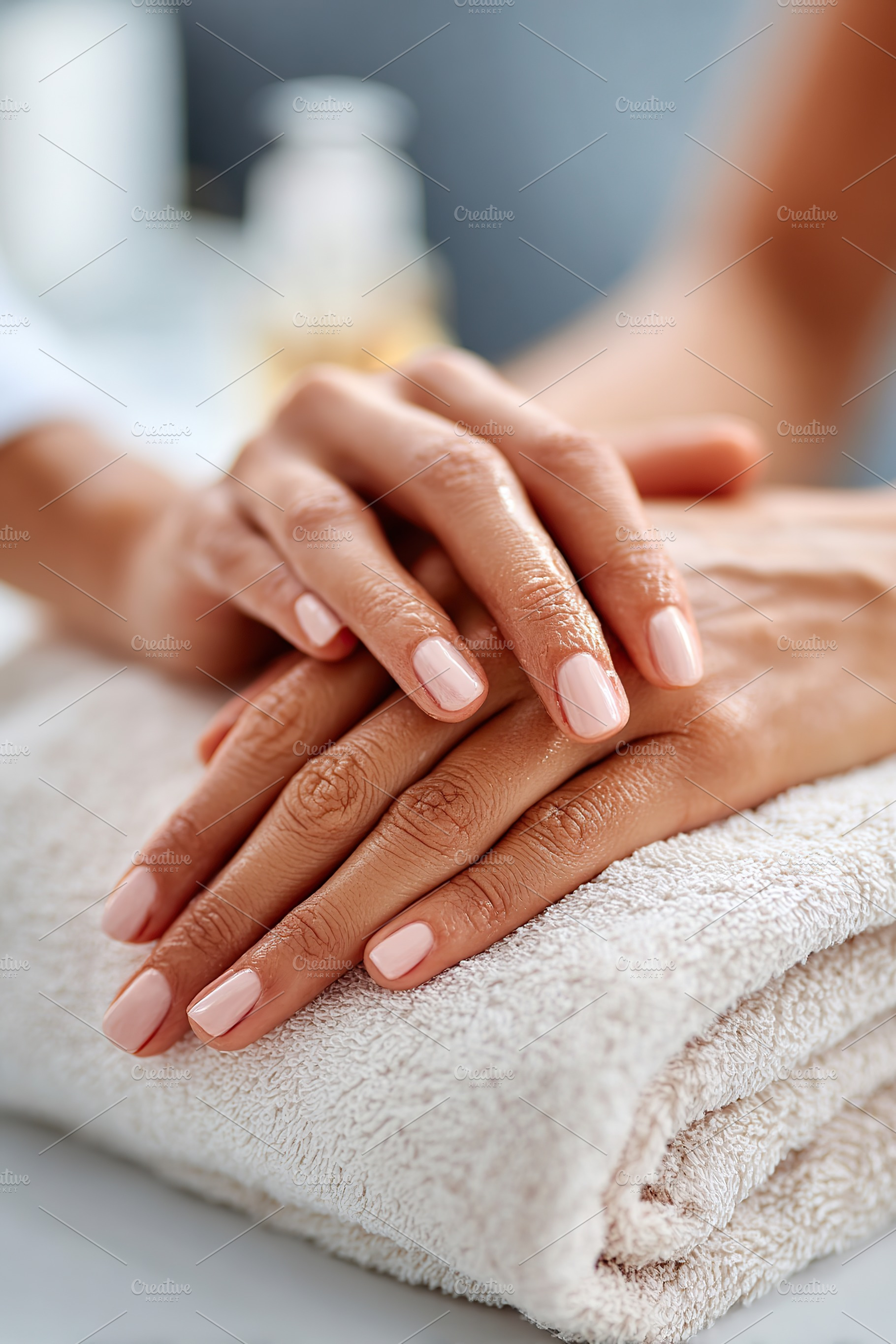 Hands with neatly manicured nails resting on a towel after a beauty treatment s, a Beauty & Fashion Photo by AlyaAnd