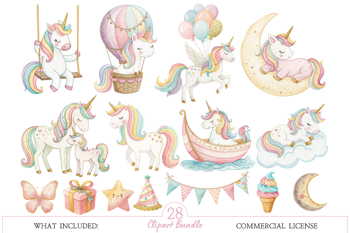 Unicorn World Watercolor Clipart, an Illustration by MockupWizard (Photo 2 of 6)