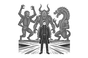 Hero facing mythical monsters in, a Person Illustration by AlexArt