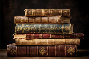 Vintage Old books stack at table, an Arts & Entertainment Photo by Ylivdesign