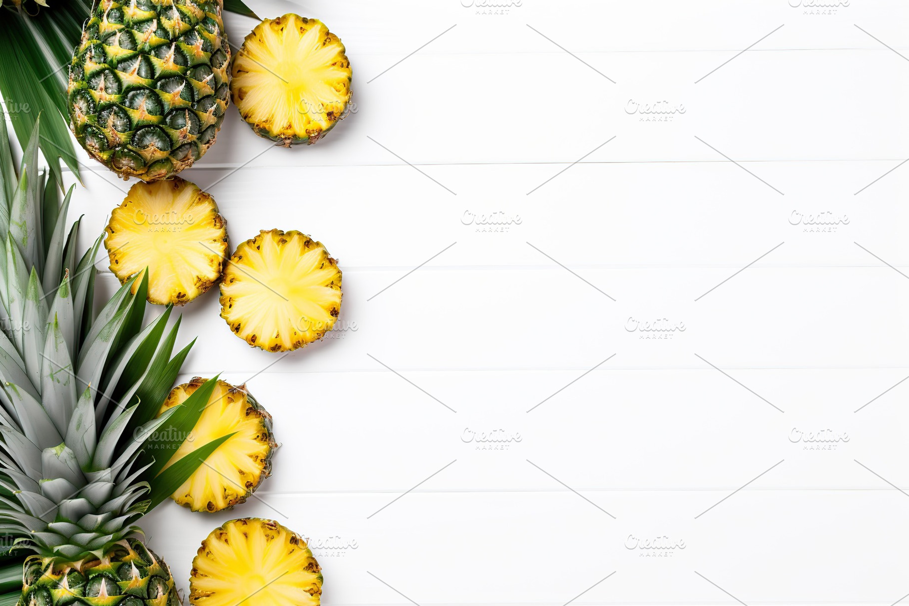 Ripe sliced pineapples on wooden background, a Food & Drink Photo by AlyaAnd