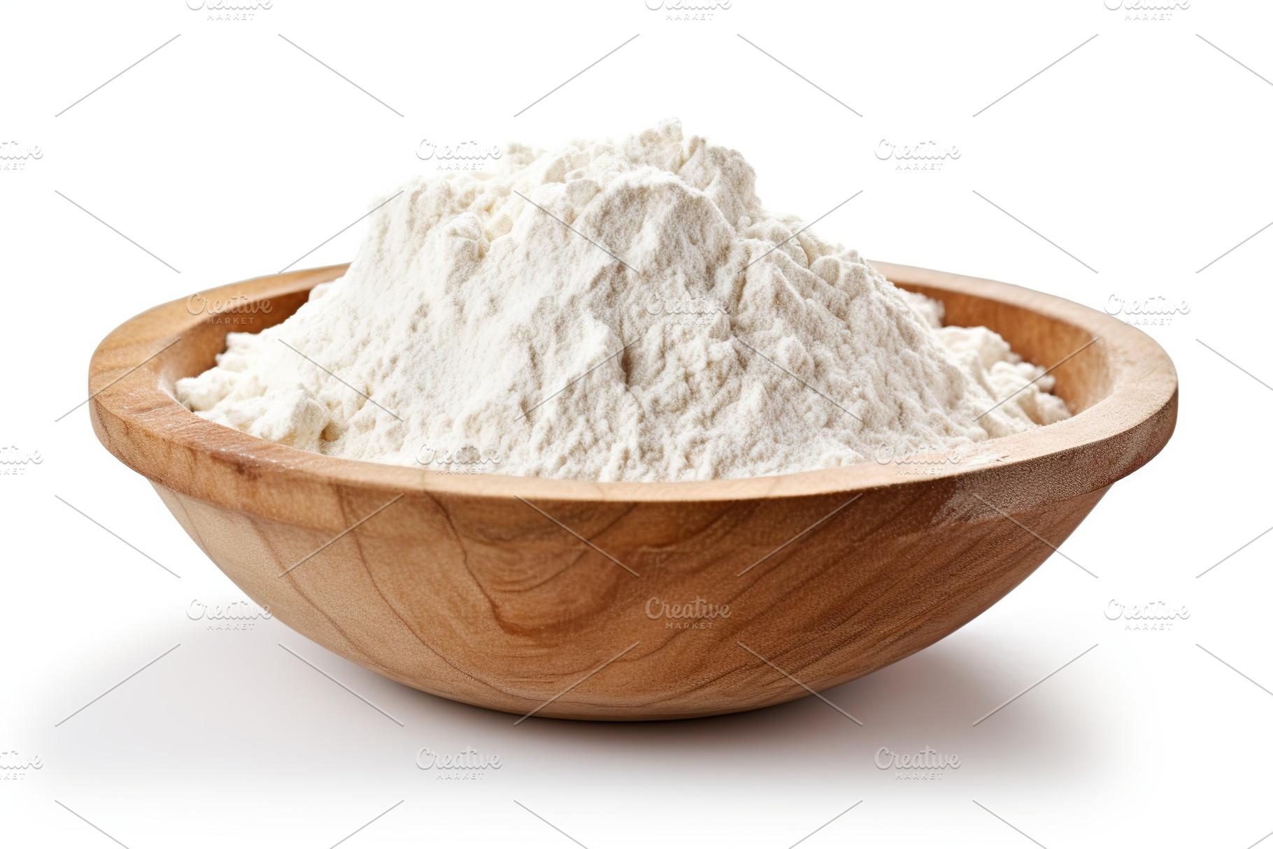 Flour in wooden bowl on white background, a Food & Drink Photo by AlyaAnd