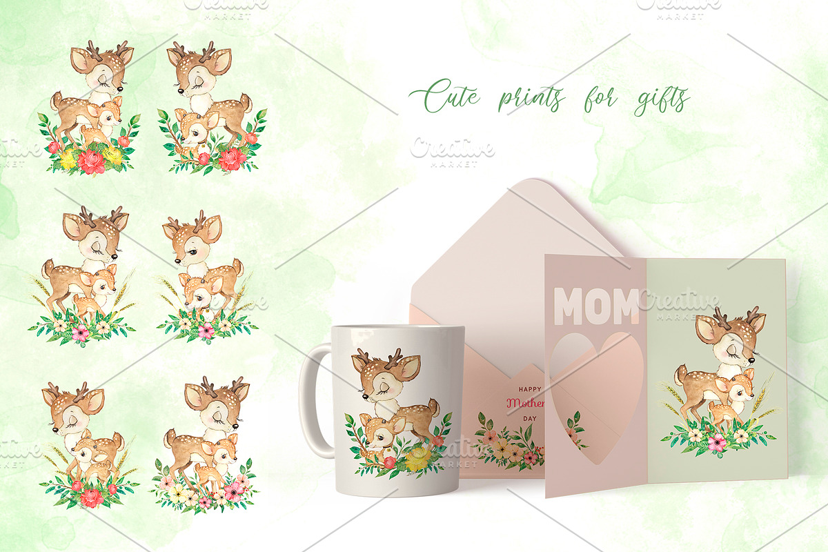Deer family watercolor clipart., an Animal Illustration by SavinV (Photo 3 of 6)