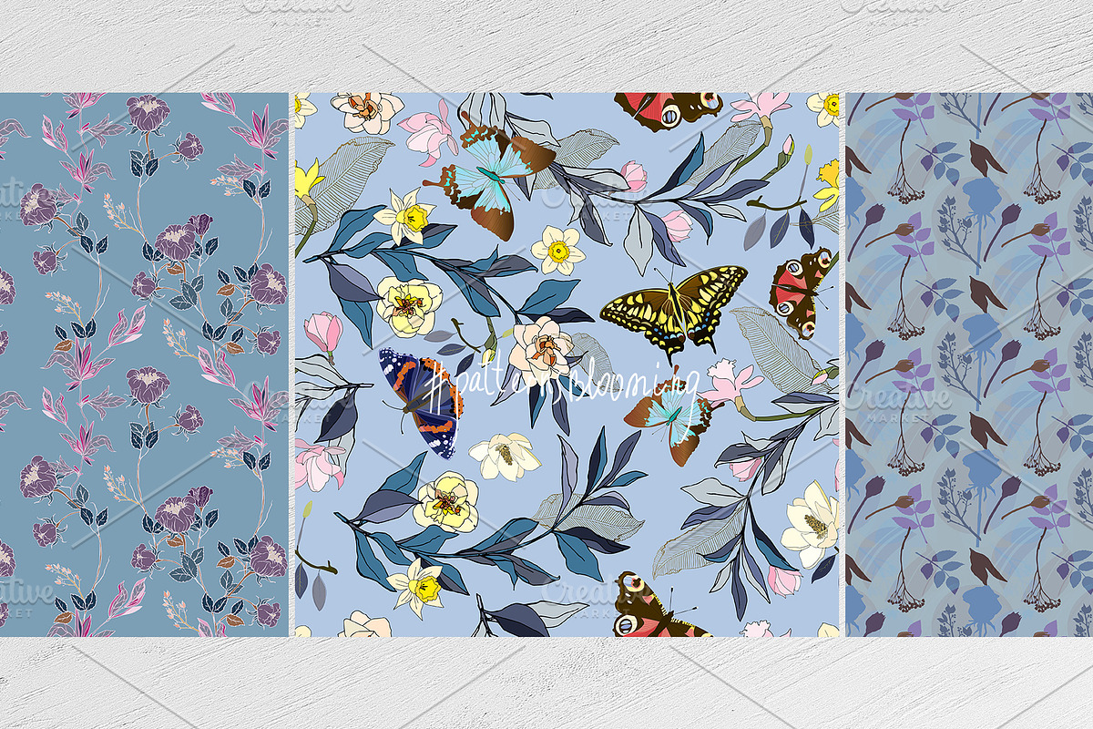 Blue floral seamless vector pack, a Pattern Graphic by PatternsBlooming