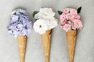 Colorful Flower Bouquets in Waffle Cones on Stone Background, a Beauty & Fashion Photo by Natalia Klenova's Shop