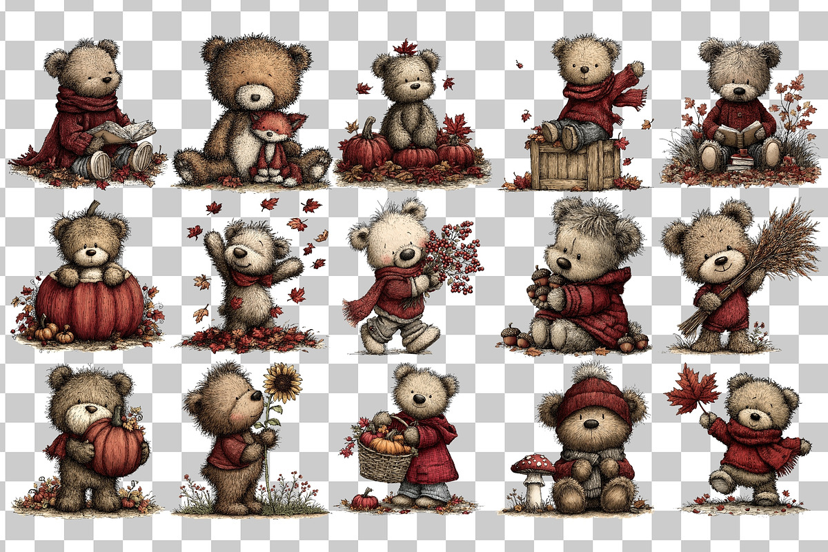 Autumn Bear PNG Clipart Bundle, an Animal Illustration by Nicolle's Colorful Art (Photo 3 of 6)