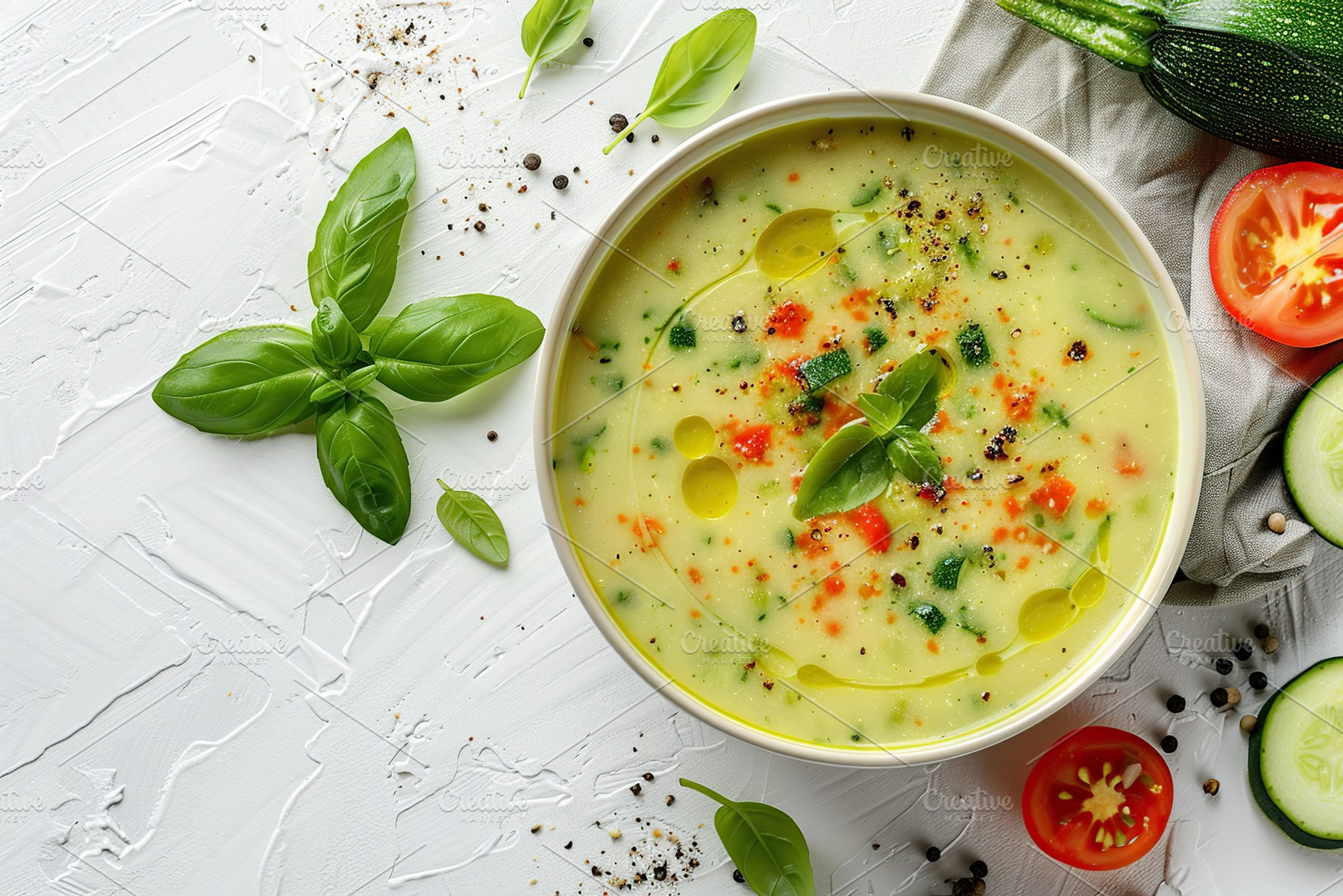 Zucchini cream soup puree in bowl on white background, a Food & Drink Photo by AlyaAnd