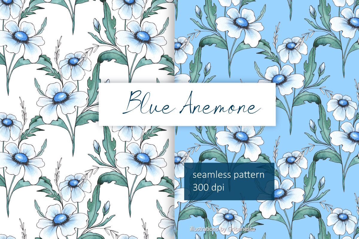 Watercolor Blue Floral Patterns, a Pattern Graphic by Gribanessa (Photo 1 of 3)