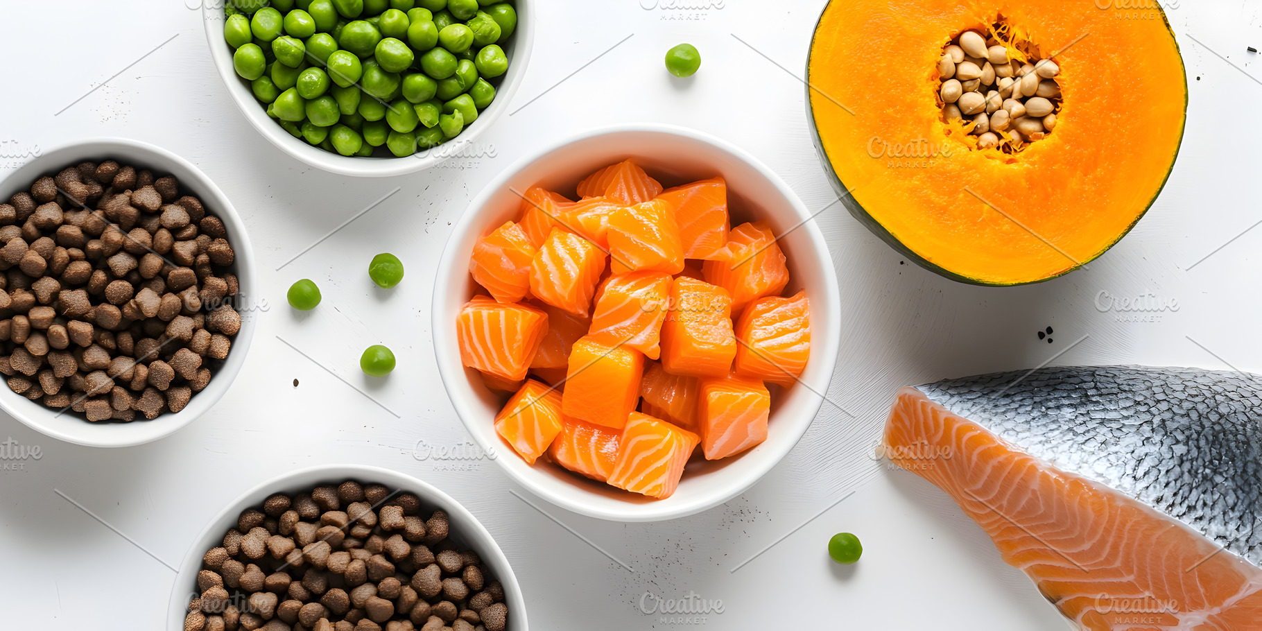 Fresh salmon cubes with peas and pum, a Food & Drink Photo by Photostock