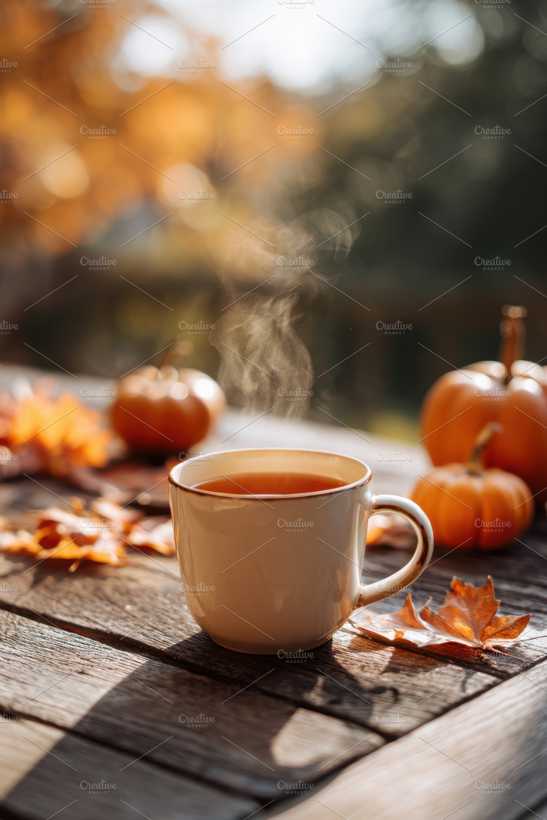 Cozy autumn drink with pumpkins and leaves, a Food & Drink Photo by AlyaAnd