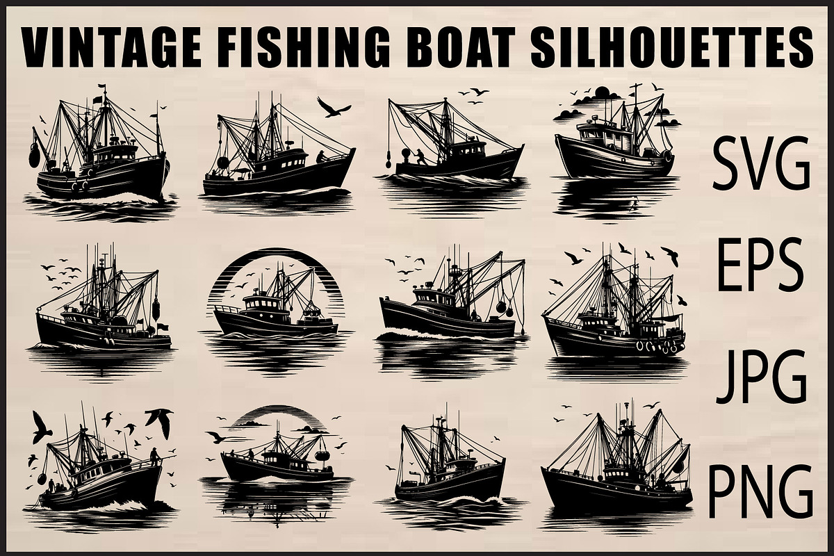 Black Fishing Boat Bundle, an Object Graphic by jahid234 (Photo 1 of 13)