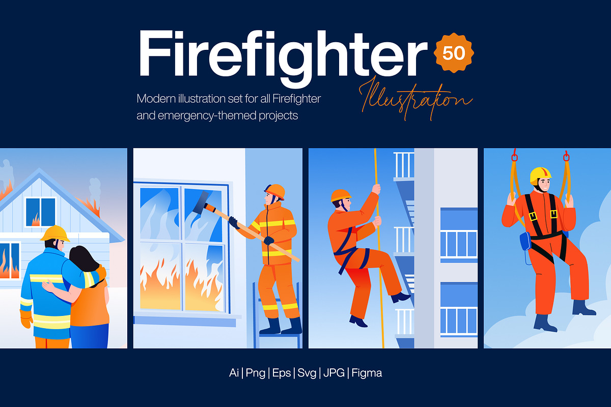 Firefighter Illustration Art Set, a Person Illustration by Brickclay (Photo 1 of 9)