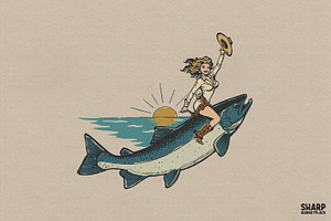 Vintage Cowgirl Riding Giant Fish, an Object Graphic by SharpMarketplace