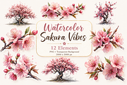 12 Watercolor Cherry Blossom Clipart, a Decorative Illustration by Jalina Clipart Studio (Thumbnail 1 of 9)