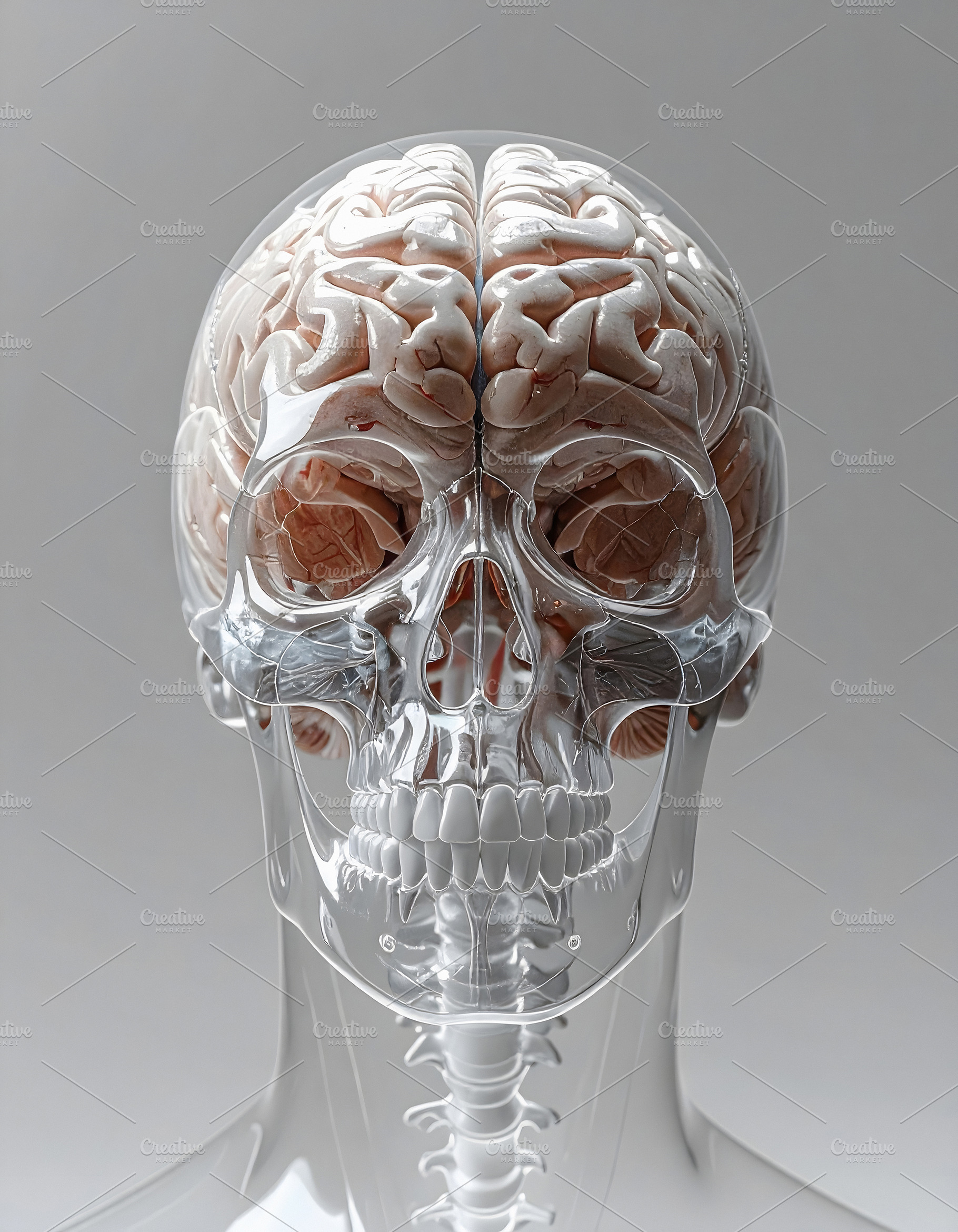 Transparent human skull with brain anatomy in clear view, a Health & Medical Photo by GoodGoods