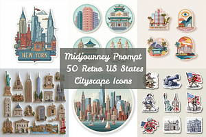 Prompt 50 Retro US Cityscape Icons, a Decorative Illustration by Creative design