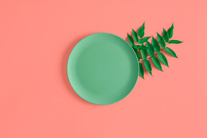 Empty plate and green leaves on a co