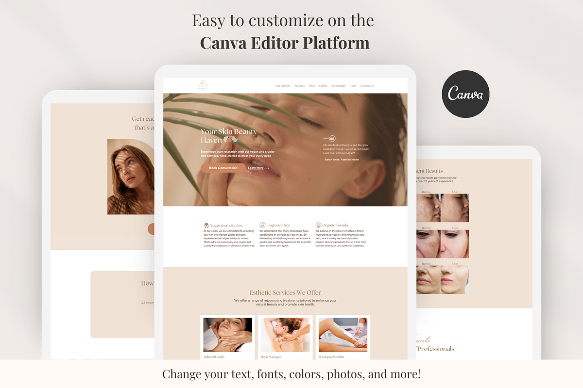 Esthetician Canva Website Template, a Landing Page Template by GlamWebDesigns (Photo 2 of 7)