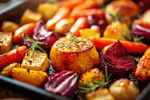 Colorful roasted vegetables with herbs, a Food & Drink Photo by AlyaAnd